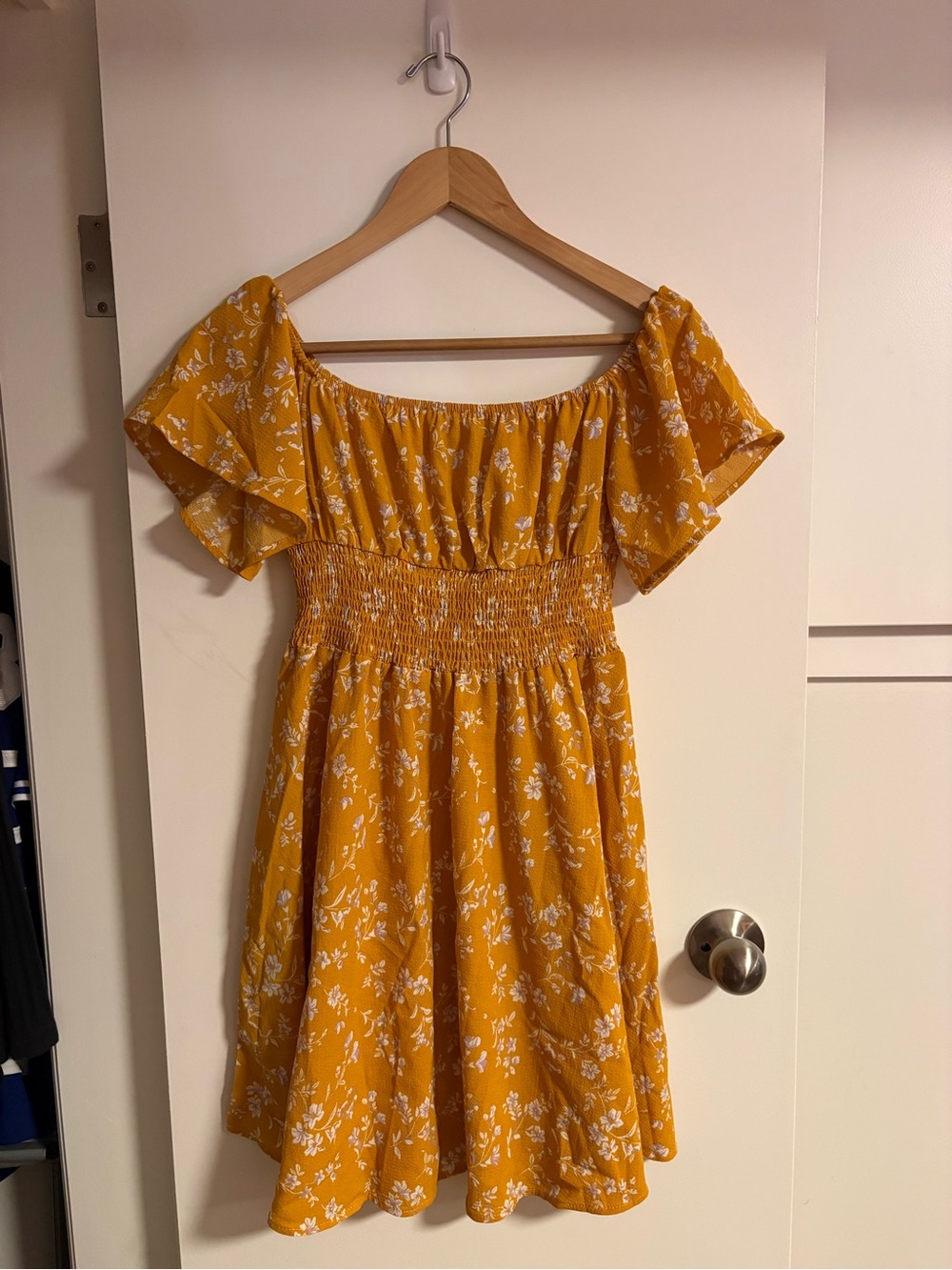 Off the Shoulder Mustard Yellow Smocked Waist Floral Mini Dress